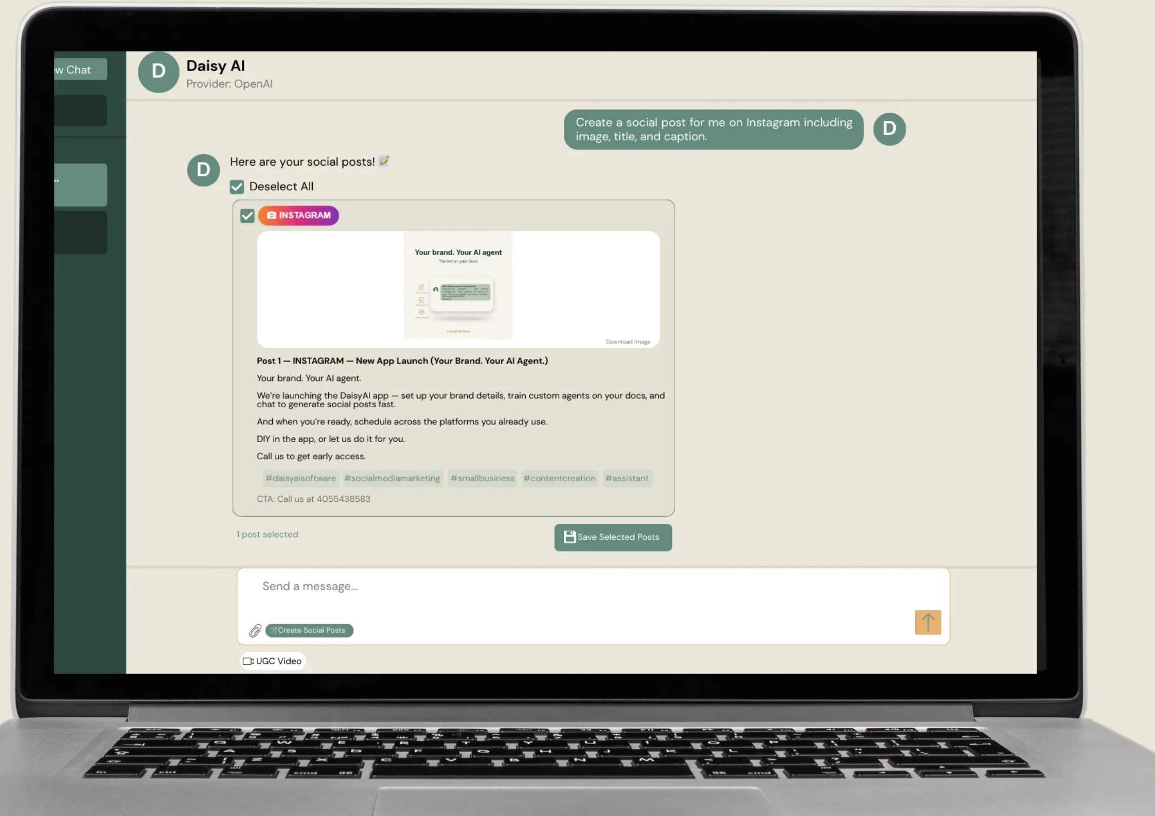 The Sagelyn app generating branded social posts from a chat prompt